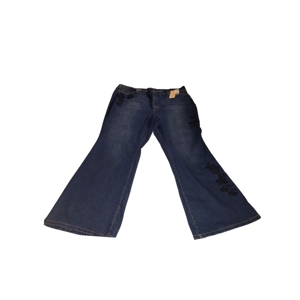Nanette Lepore High Rise Bootcut Blue Wide-Leg Jeans  Floral Appliqué 20w New